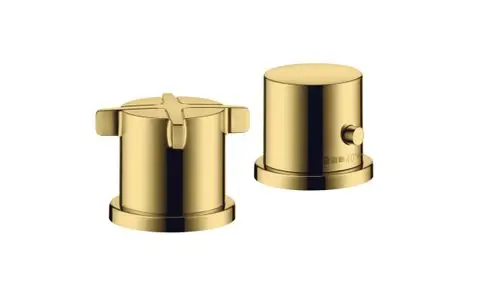 Zwei goldene Armaturen mit Thermostat von AXOR, eine mit kreuzförmigem Griff und die andere mit einem runden, markierten Temperaturregler.